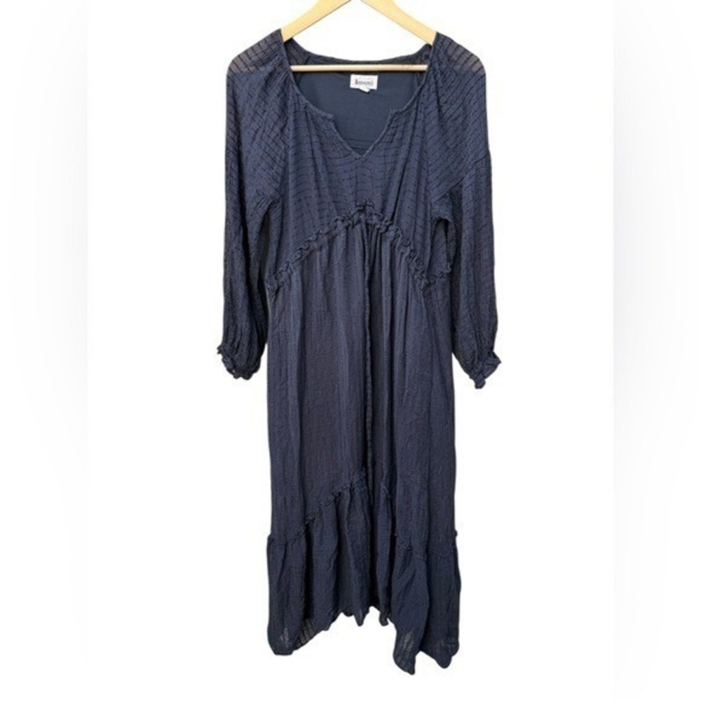 &Merci Maxi Dress Womens Small Navy Blue Textured Ruffle Boho Long Sleeve V-Neck